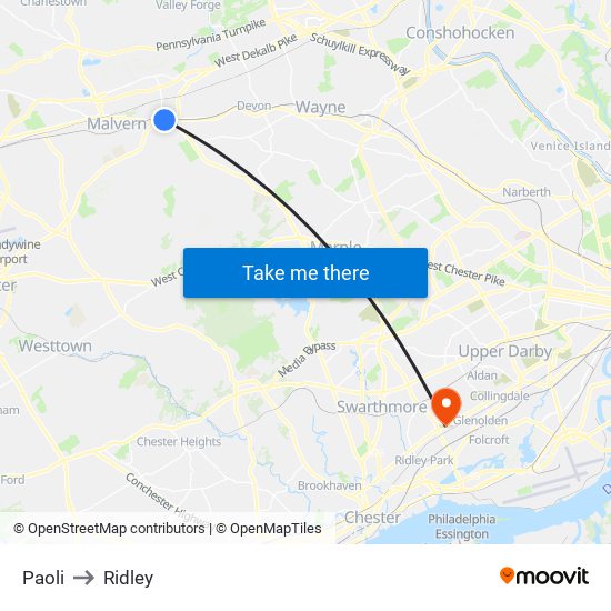 Paoli to Ridley map