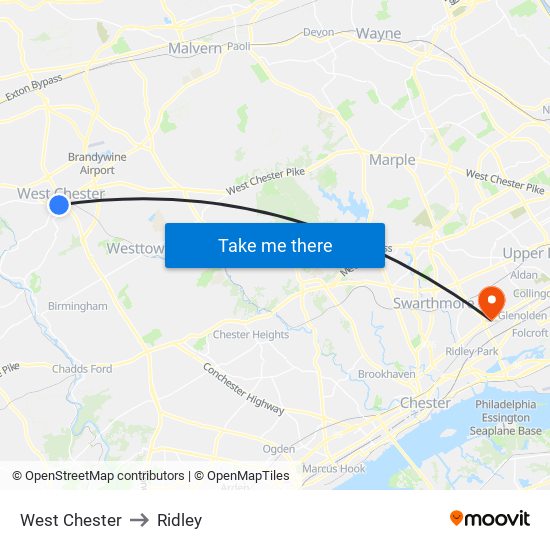 West Chester to Ridley map