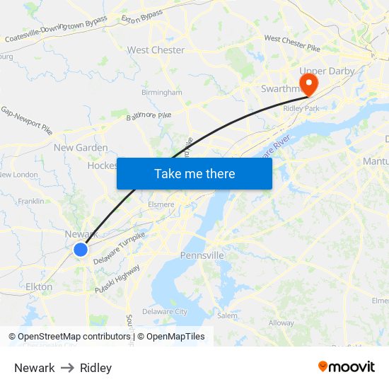 Newark to Ridley map