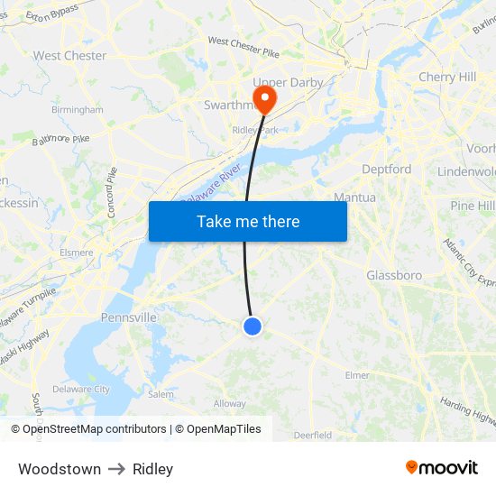 Woodstown to Ridley map