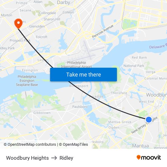 Woodbury Heights to Ridley map