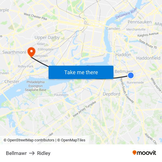 Bellmawr to Ridley map