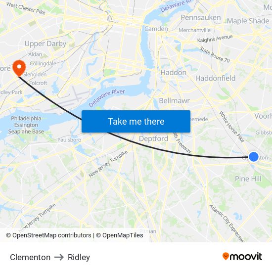 Clementon to Ridley map
