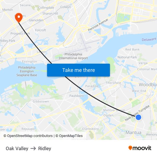 Oak Valley to Ridley map