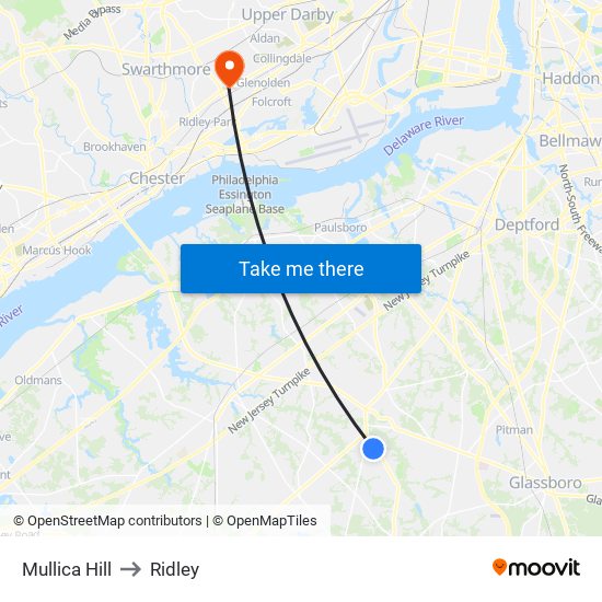 Mullica Hill to Ridley map