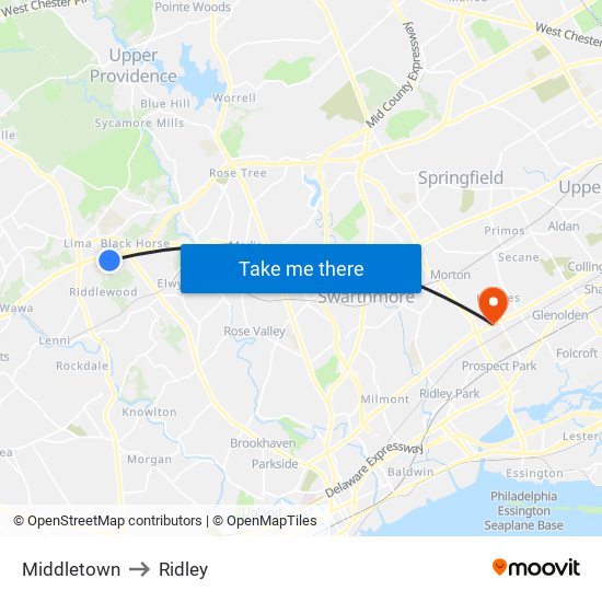 Middletown to Ridley map