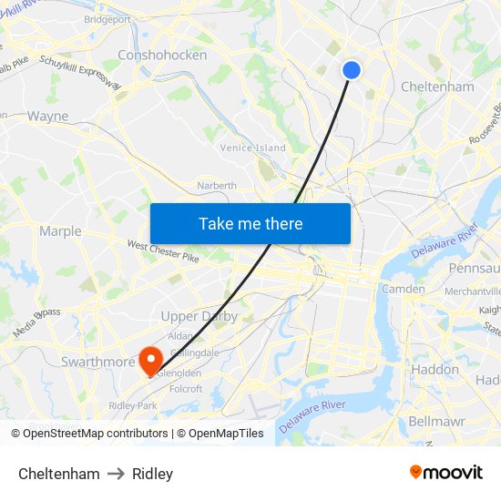 Cheltenham to Ridley map