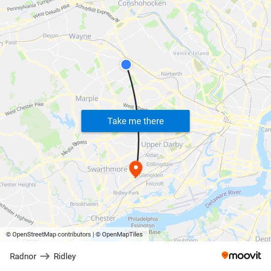 Radnor to Ridley map