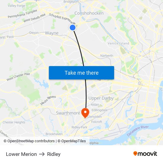 Lower Merion to Ridley map