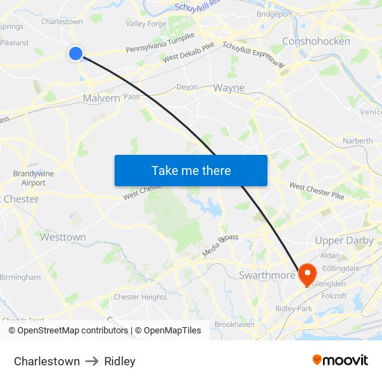 Charlestown to Ridley map