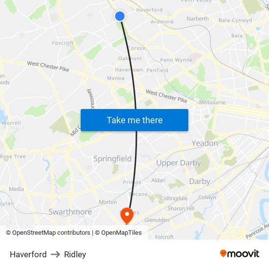 Haverford to Ridley map