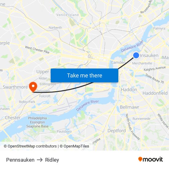 Pennsauken to Ridley map