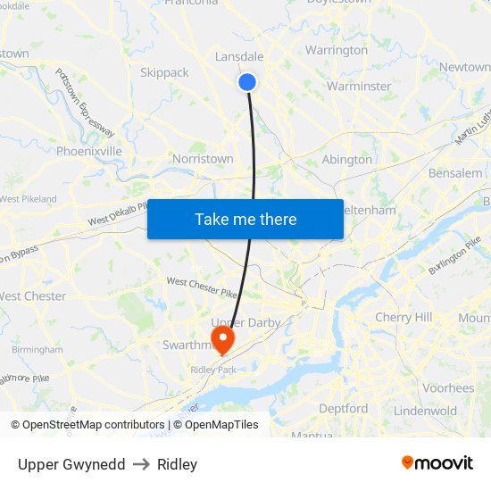 Upper Gwynedd to Ridley map