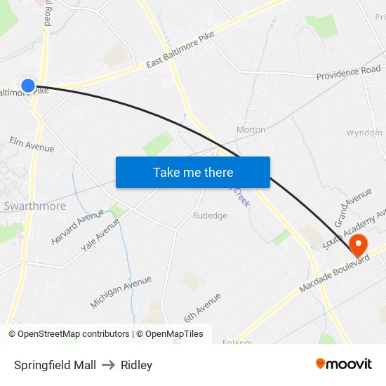 Springfield Mall to Ridley map