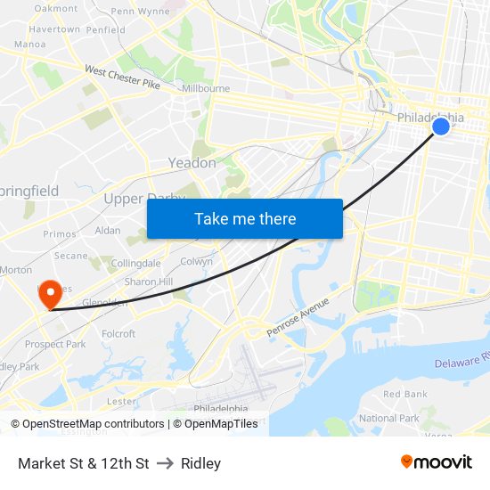 Market St & 12th St to Ridley map