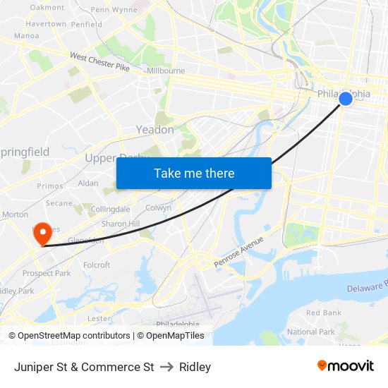 Juniper St & Commerce St to Ridley map