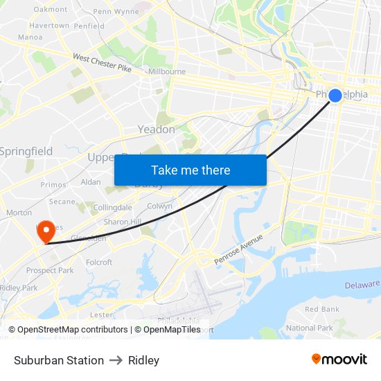 Suburban Station to Ridley map