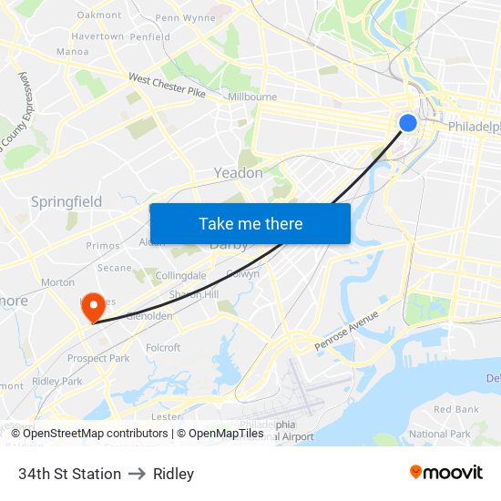 34th St Station to Ridley map