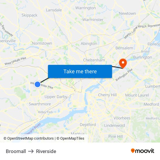 Broomall to Riverside map