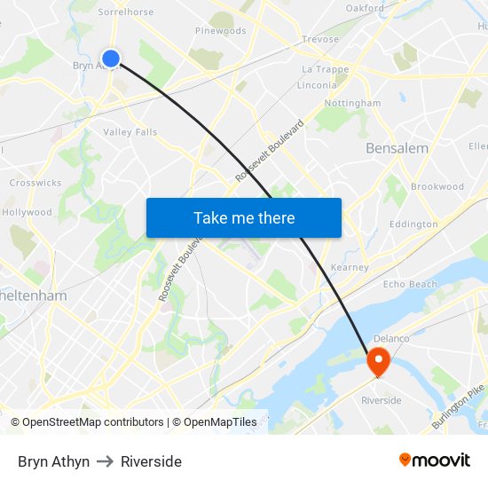 Bryn Athyn to Riverside map
