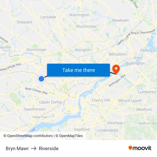 Bryn Mawr to Riverside map