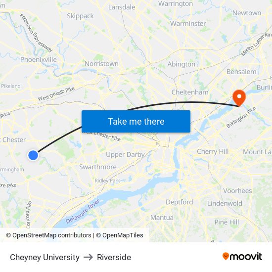 Cheyney University to Riverside map