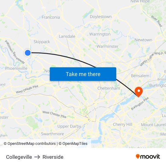 Collegeville to Riverside map
