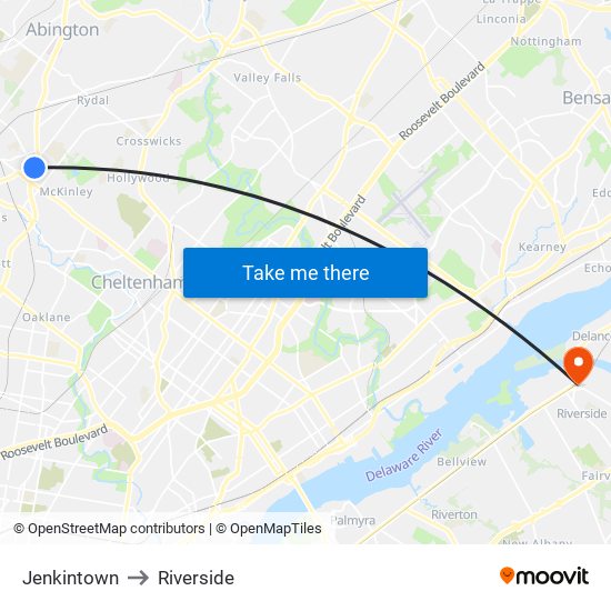 Jenkintown to Riverside map