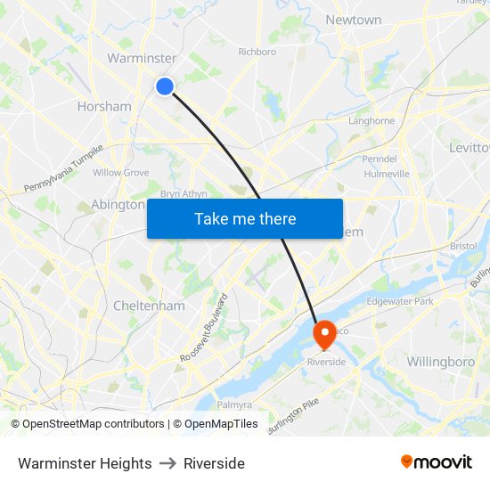 Warminster Heights to Riverside map