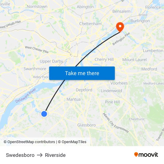 Swedesboro to Riverside map