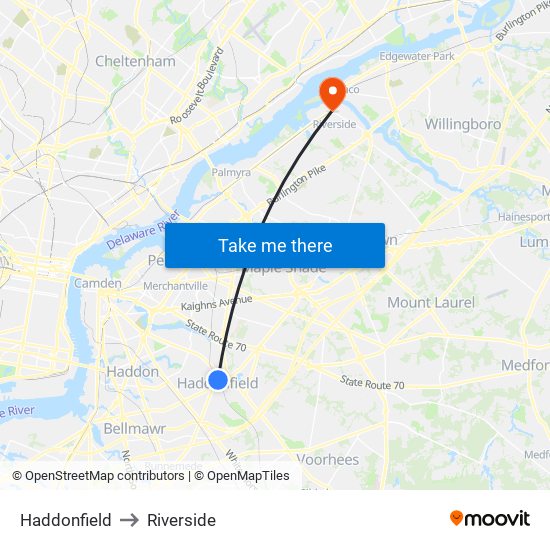 Haddonfield to Riverside map