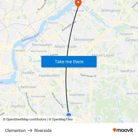 Clementon to Riverside map