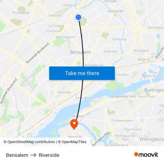 Bensalem to Riverside map