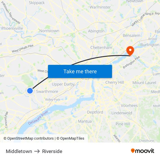 Middletown to Riverside map
