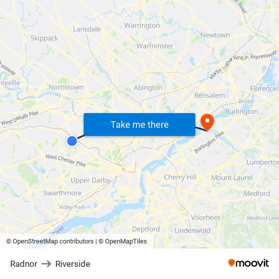 Radnor to Riverside map