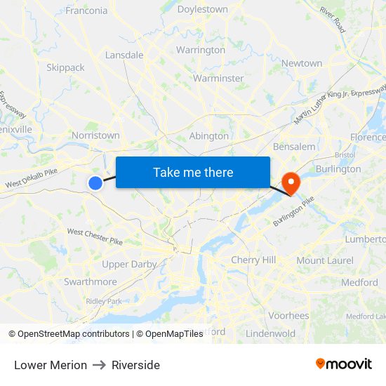Lower Merion to Riverside map