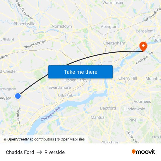 Chadds Ford to Riverside map