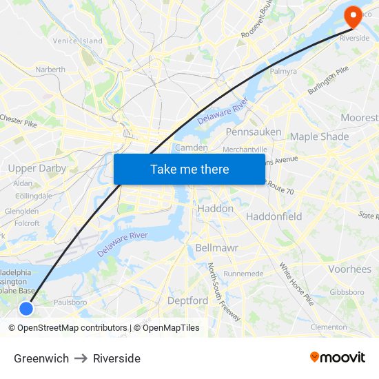 Greenwich to Riverside map