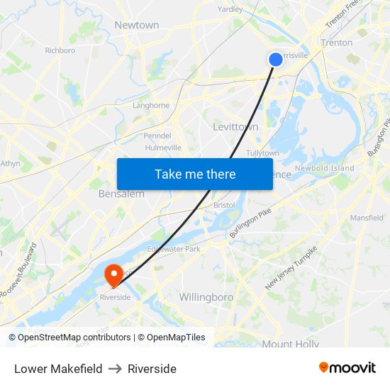 Lower Makefield to Riverside map