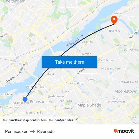 Pennsauken to Riverside map
