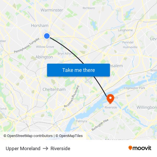 Upper Moreland to Riverside map