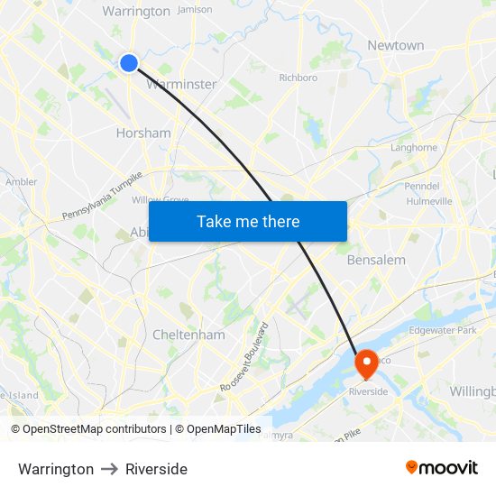 Warrington to Riverside map