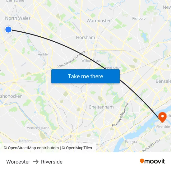 Worcester to Riverside map