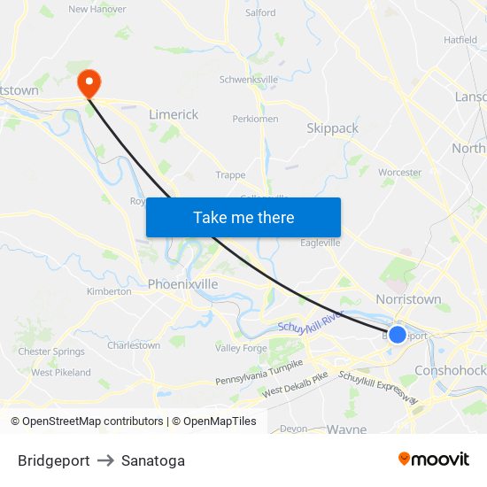 Bridgeport to Sanatoga map