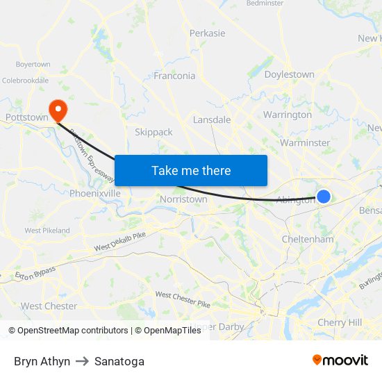 Bryn Athyn to Sanatoga map