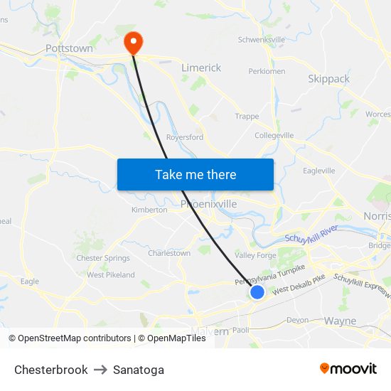 Chesterbrook to Sanatoga map