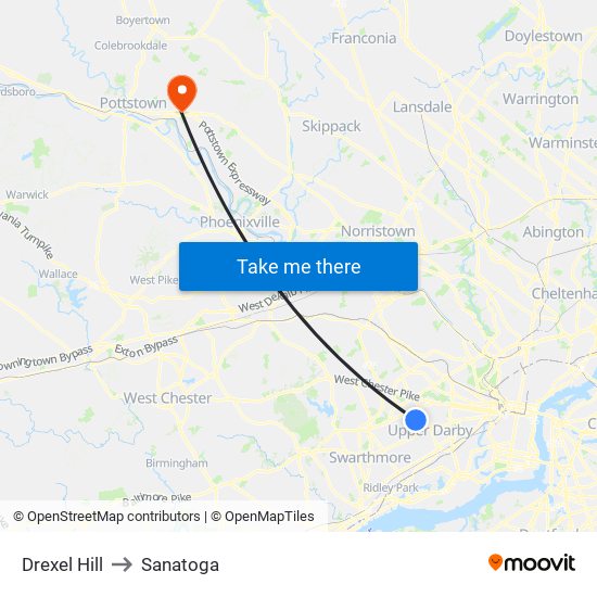 Drexel Hill to Sanatoga map