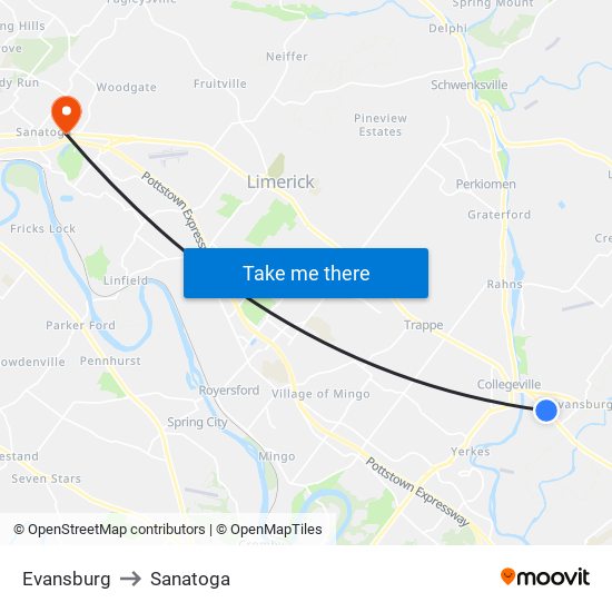 Evansburg to Sanatoga map