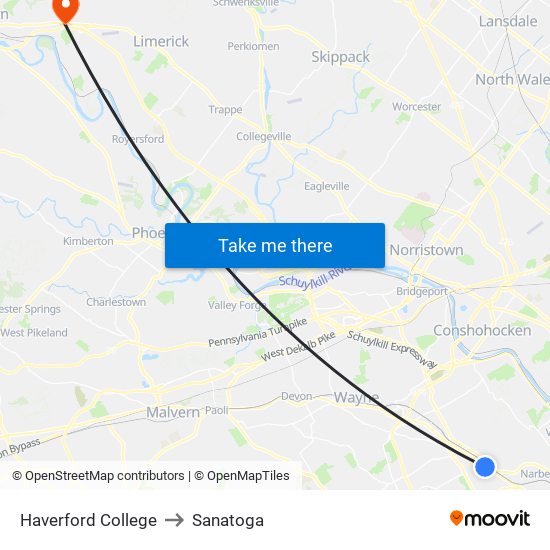 Haverford College to Sanatoga map