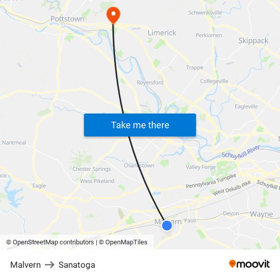 Malvern to Sanatoga map